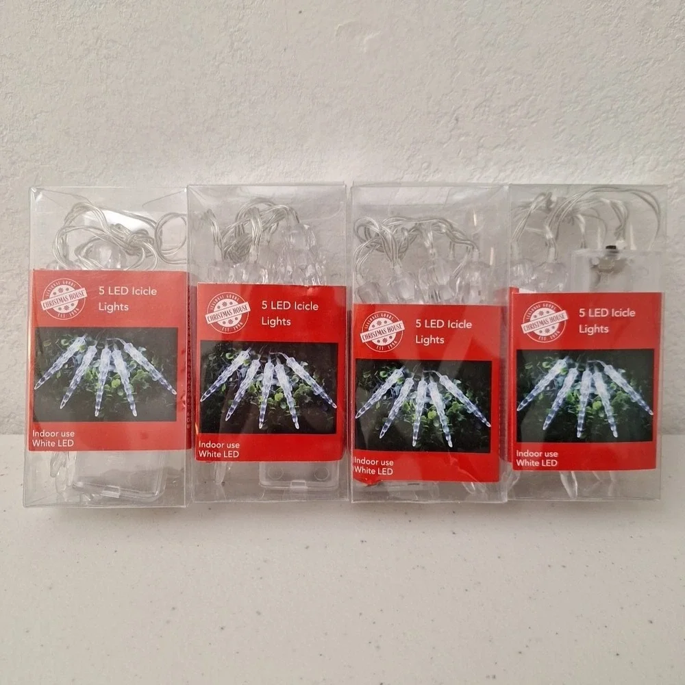 4 X Christmas House 5-Ct. Ea. LED Icicle String Lights - Indoor White LED NEW